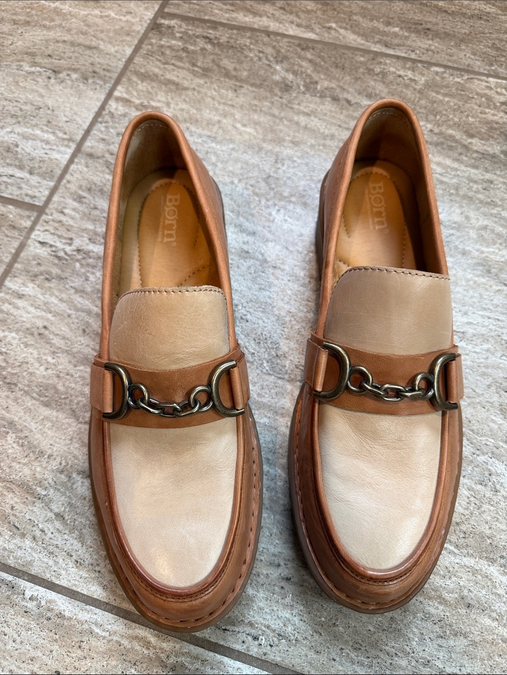 Born Two-Tone Brown & Cream Leather Bit Loafers